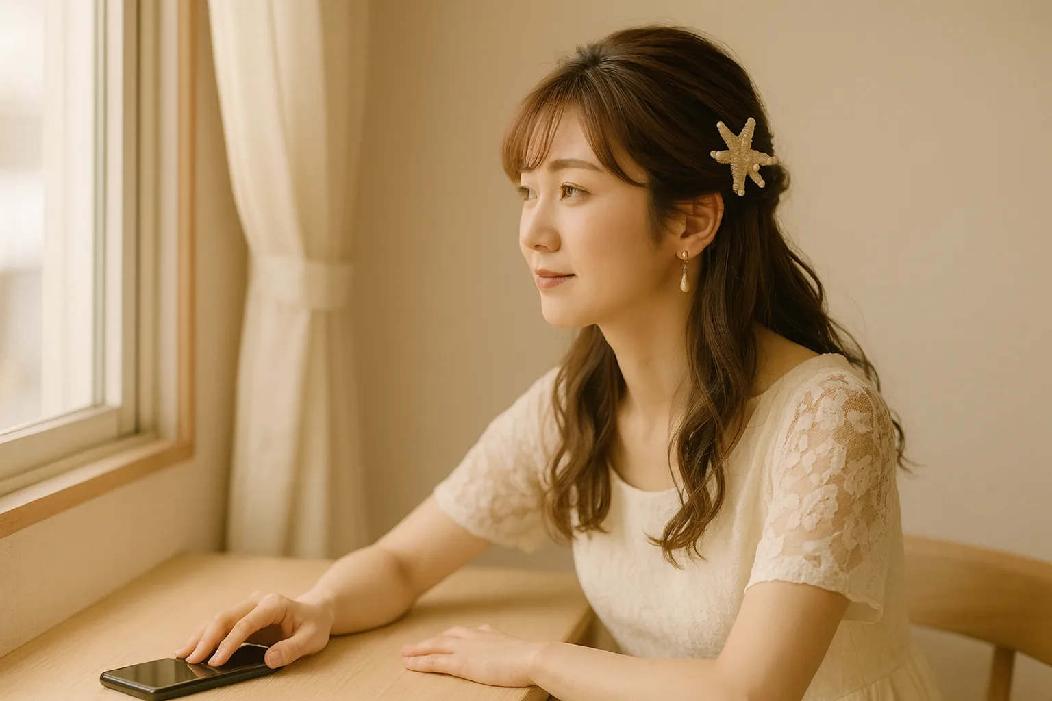 暗い画面のスマートフォンを伏せて置き、窓の外を見ている女性