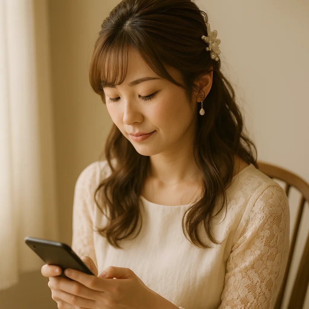椅子に座って、送る前に読み返すように画面を見つめている女性