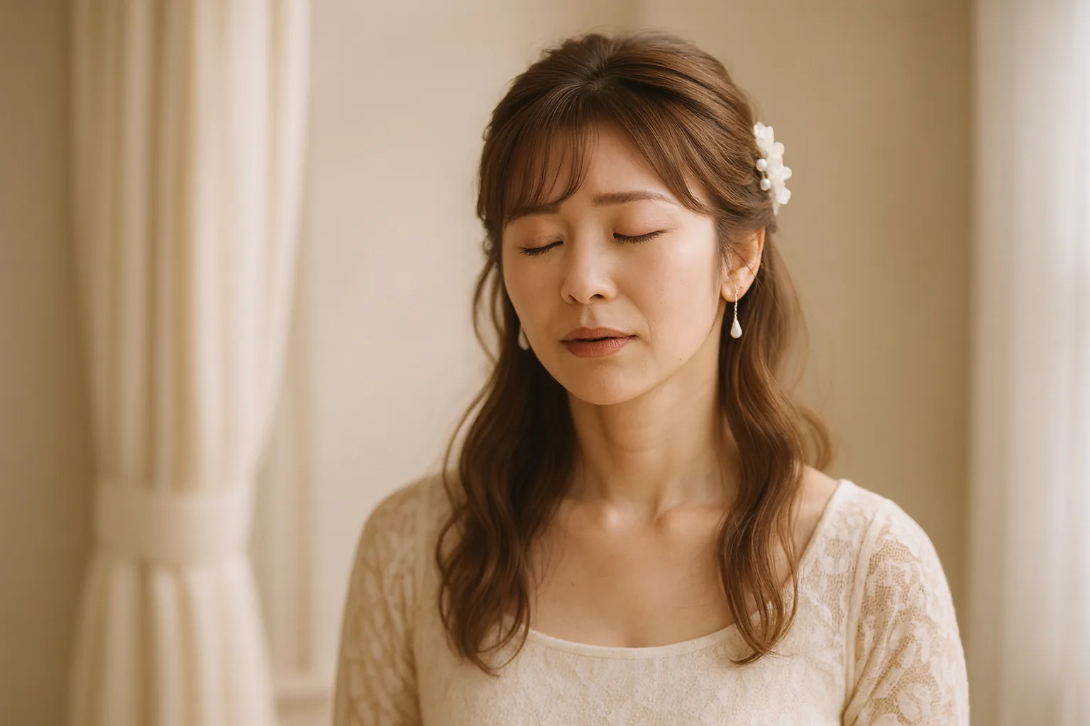 窓辺で、少し肩の力を抜いて息をついている女性