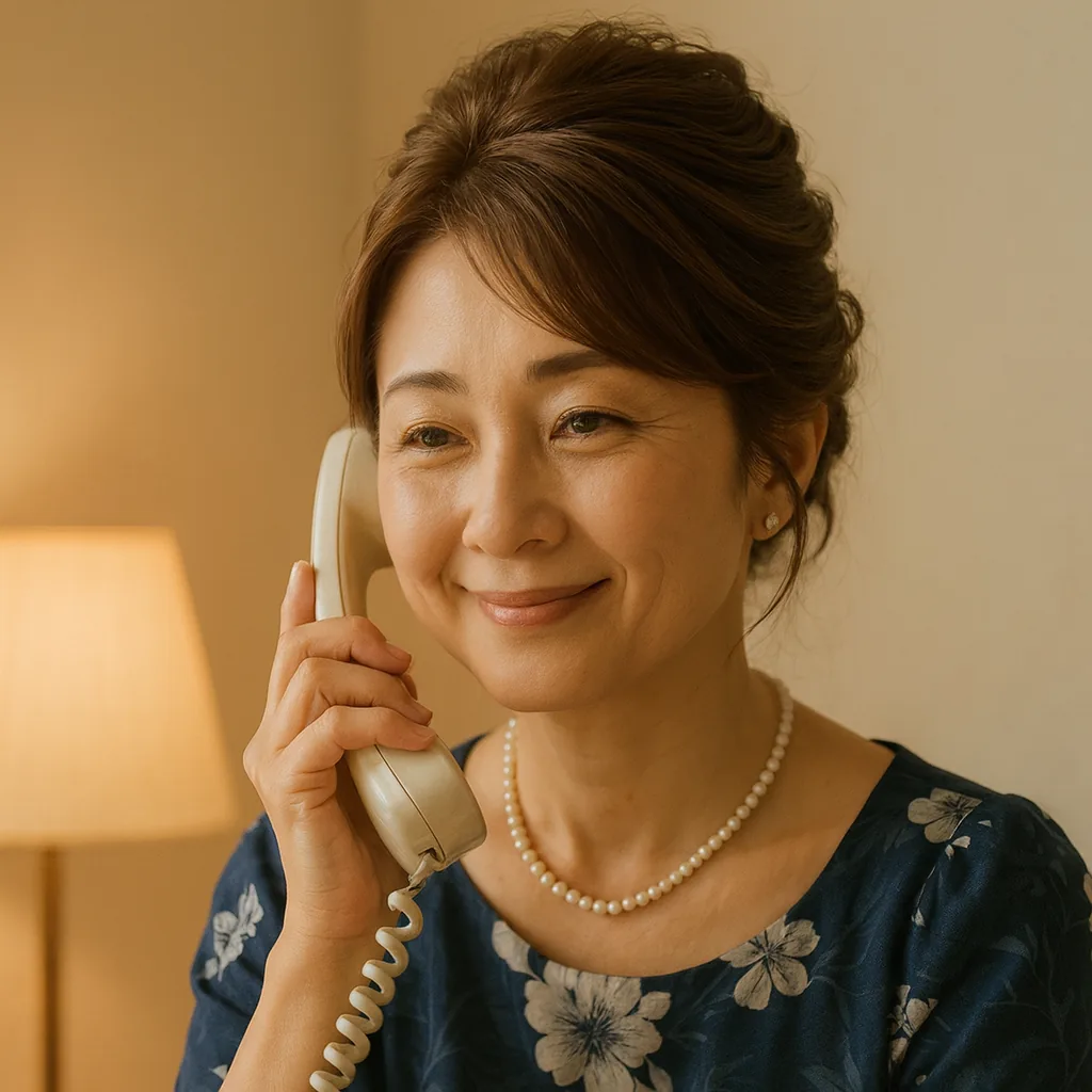電話の向こうの声を聞きながら、ほほえんでいる母