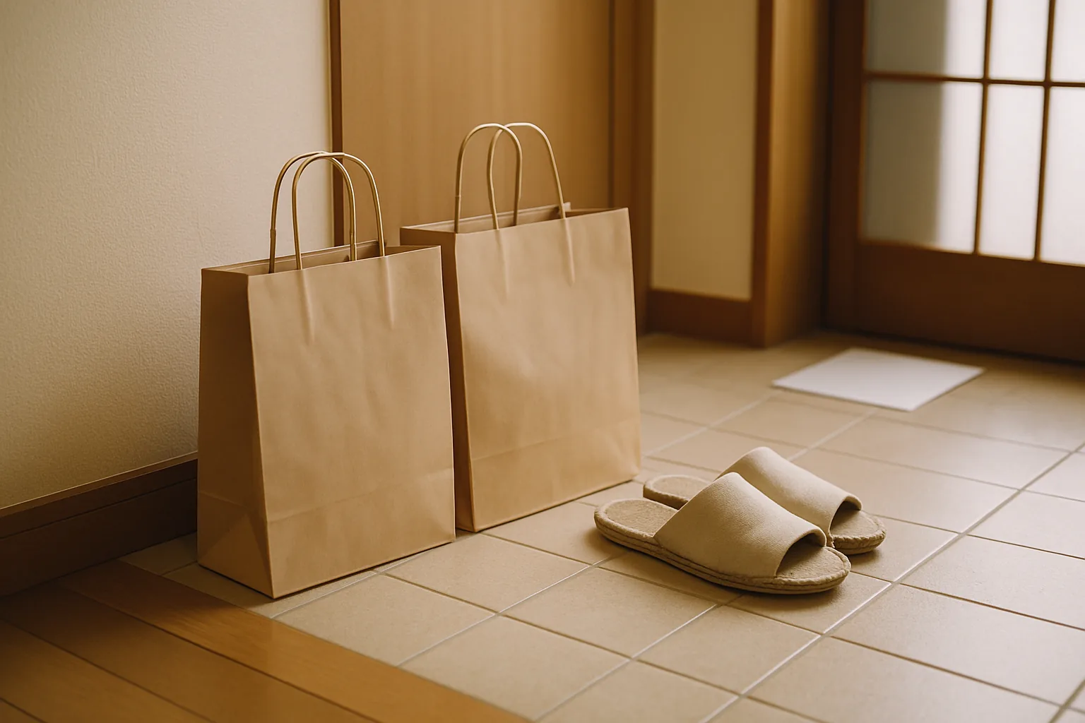 玄関に置かれた、持ち寄られた紙袋といただきもの