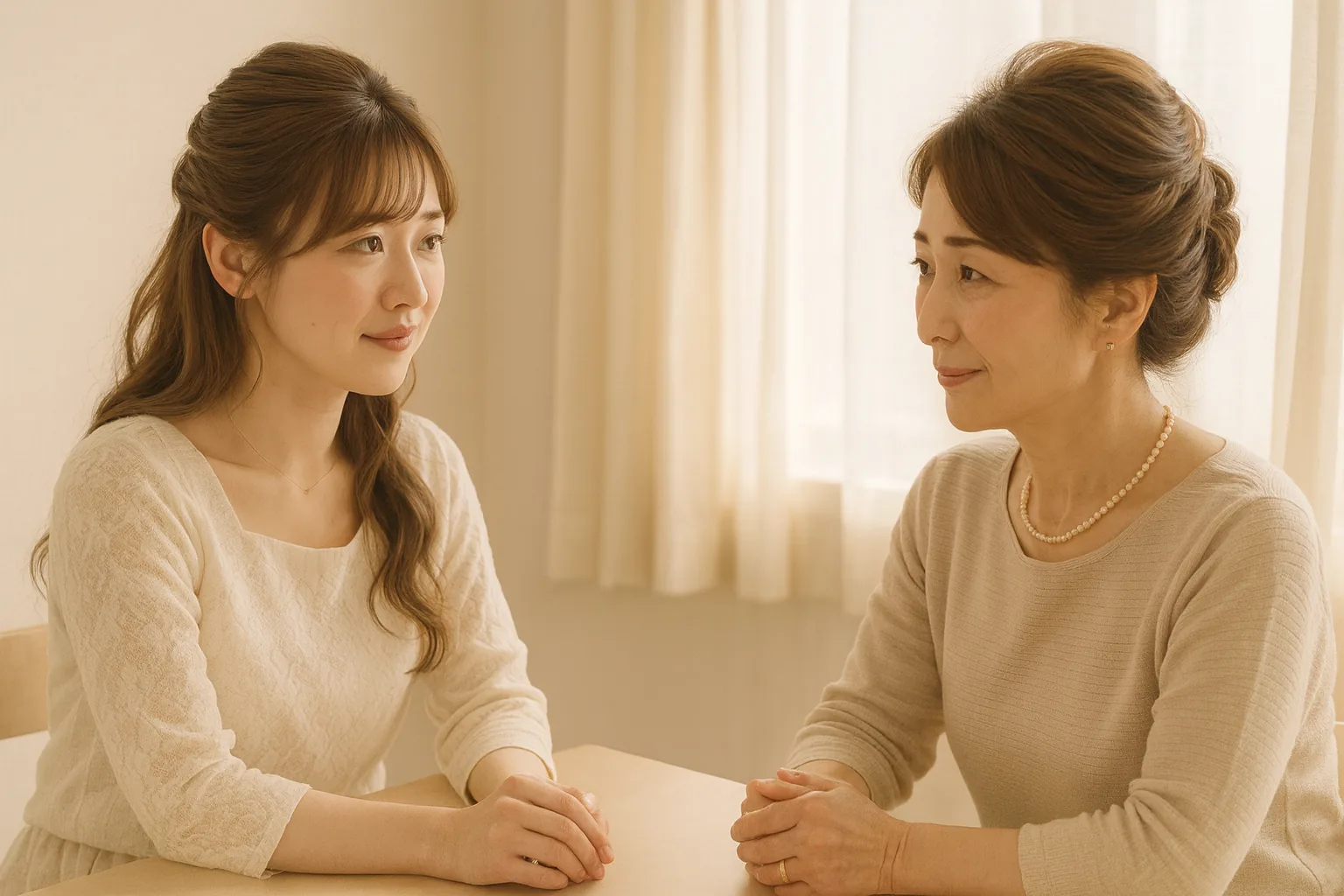 窓辺のテーブルで、母と向かい合って話している女性