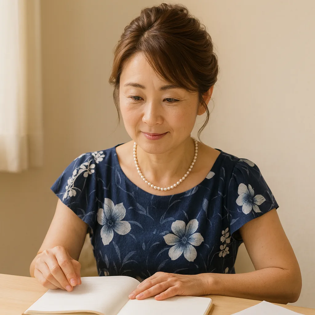 名簿のノートを見ながら、母と相談している女性
