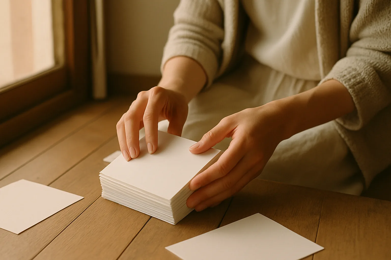 縁側の明かりの下で、はがきを1枚ずつそろえている手元