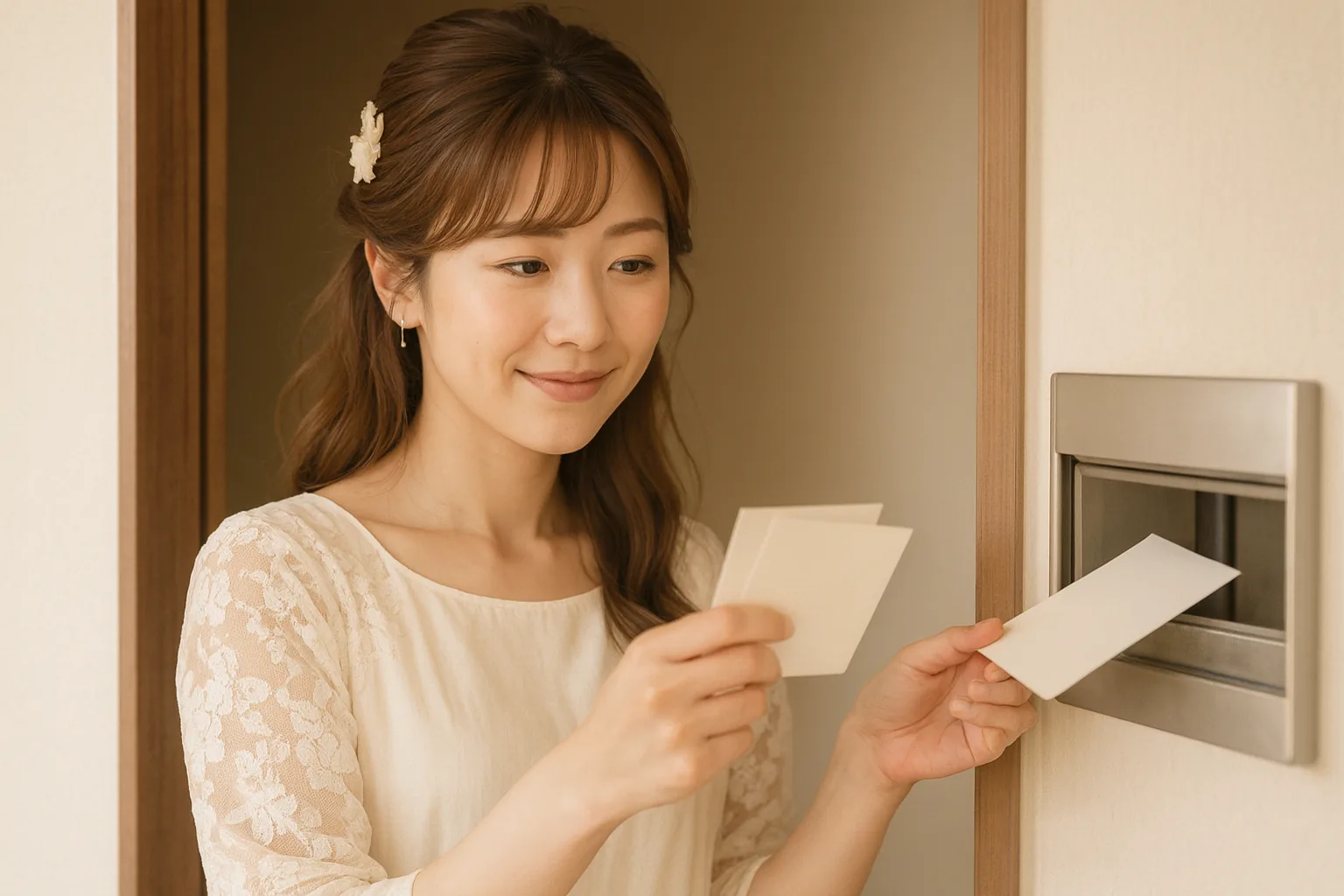 玄関のポストに、まとめたはがきを入れようとしている女性