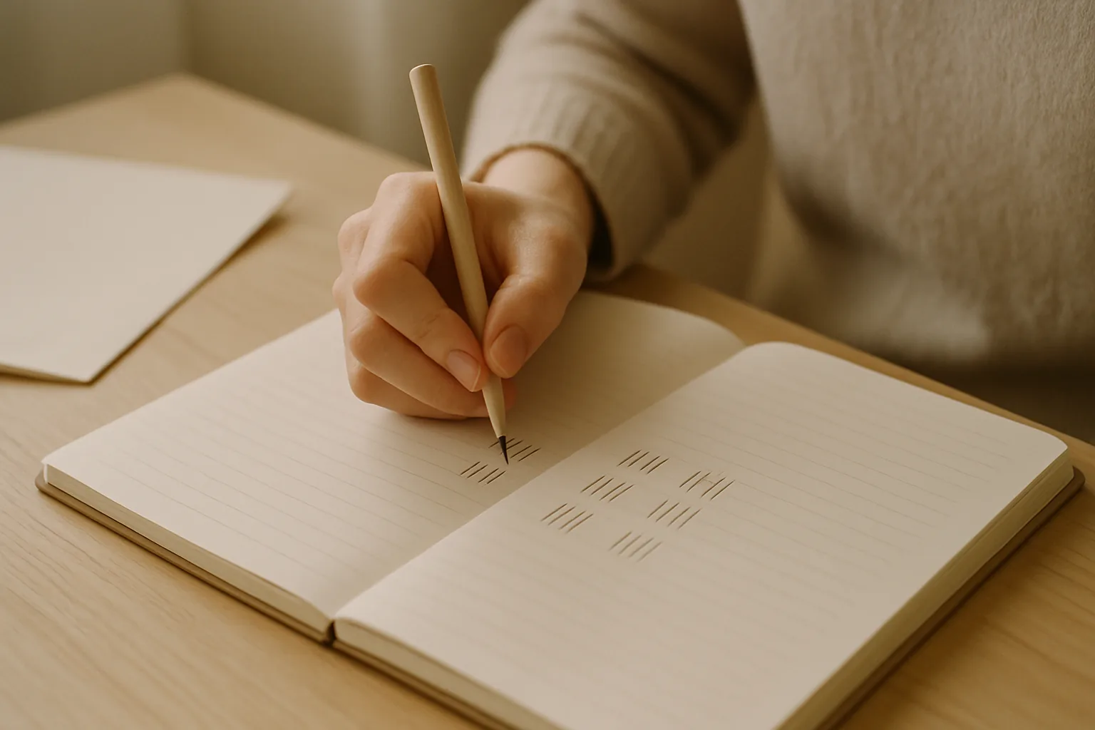 テーブルに置かれたノートに、友人の名前を3つに分けて書いている手元