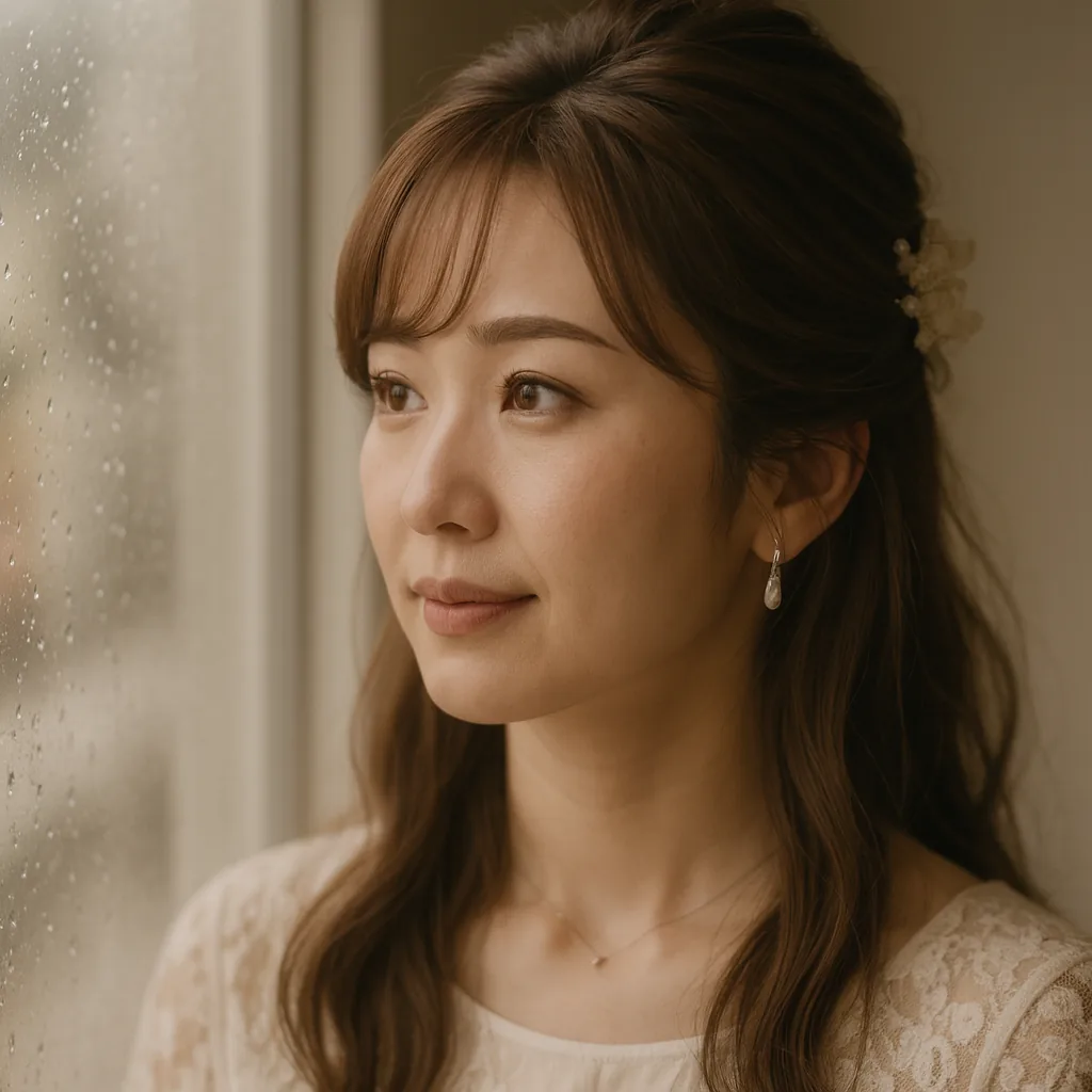 窓辺で、外を見ながら考えている女性
