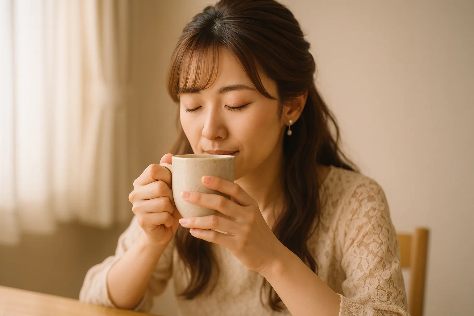 カップを両手で持って、ひと息ついている女性