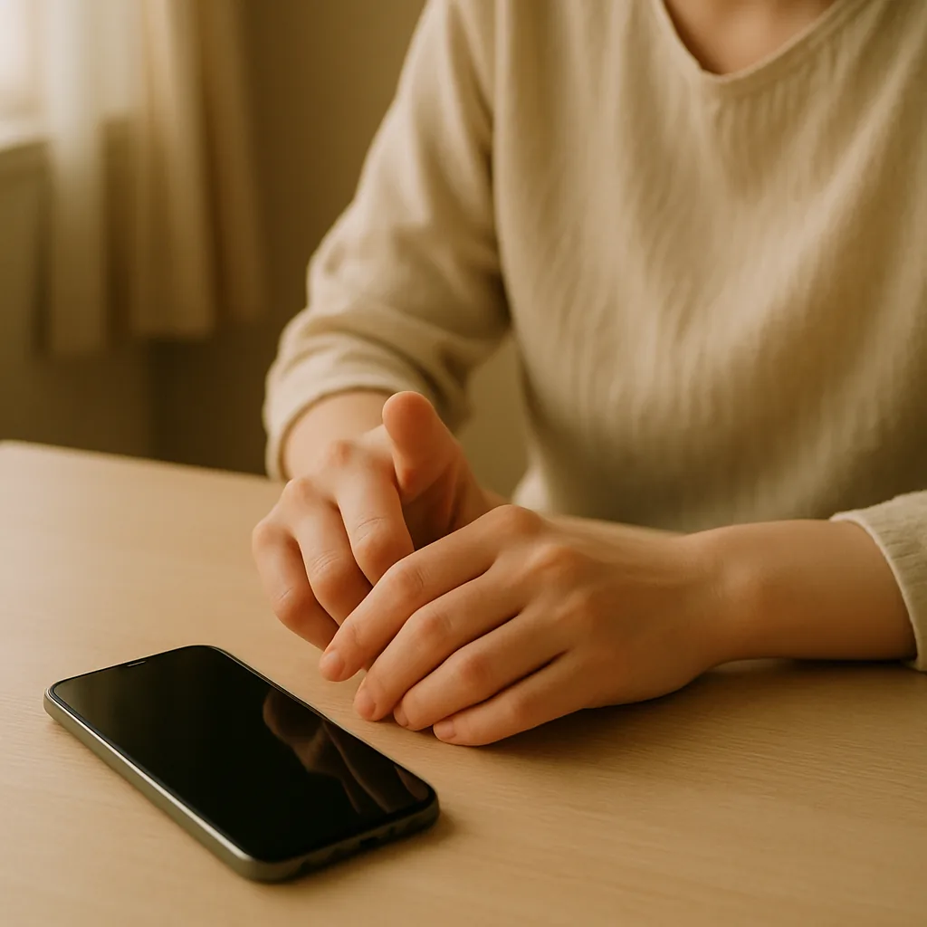 椅子に座って、文字を減らすように指を動かしている女性の手元