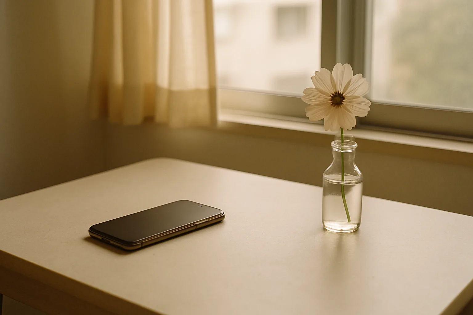 窓辺のテーブルに伏せて置かれたスマートフォンと、花を一輪さした小瓶