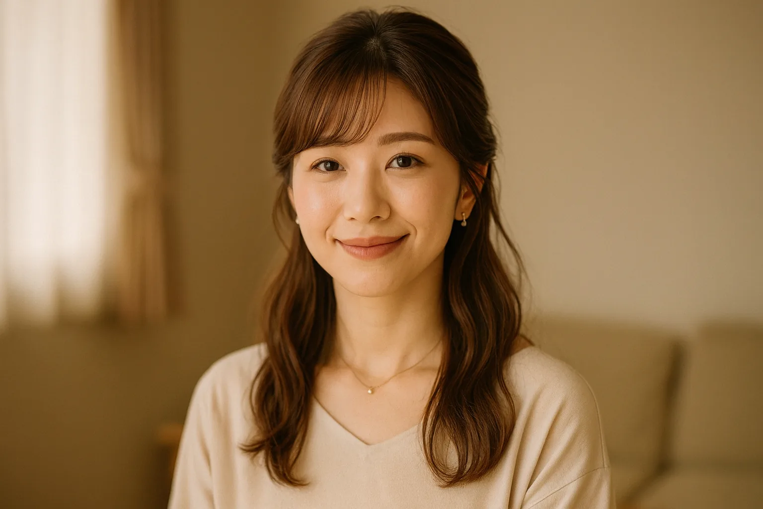 明るい部屋で、少しほほえんでいる女性