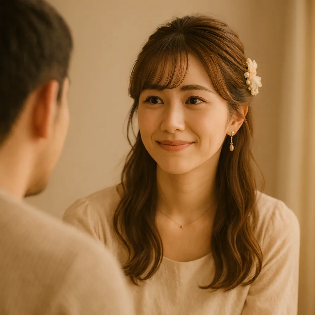 肩越しに立つ夫と、画面を見ずに話している女性（夫は後ろ姿）