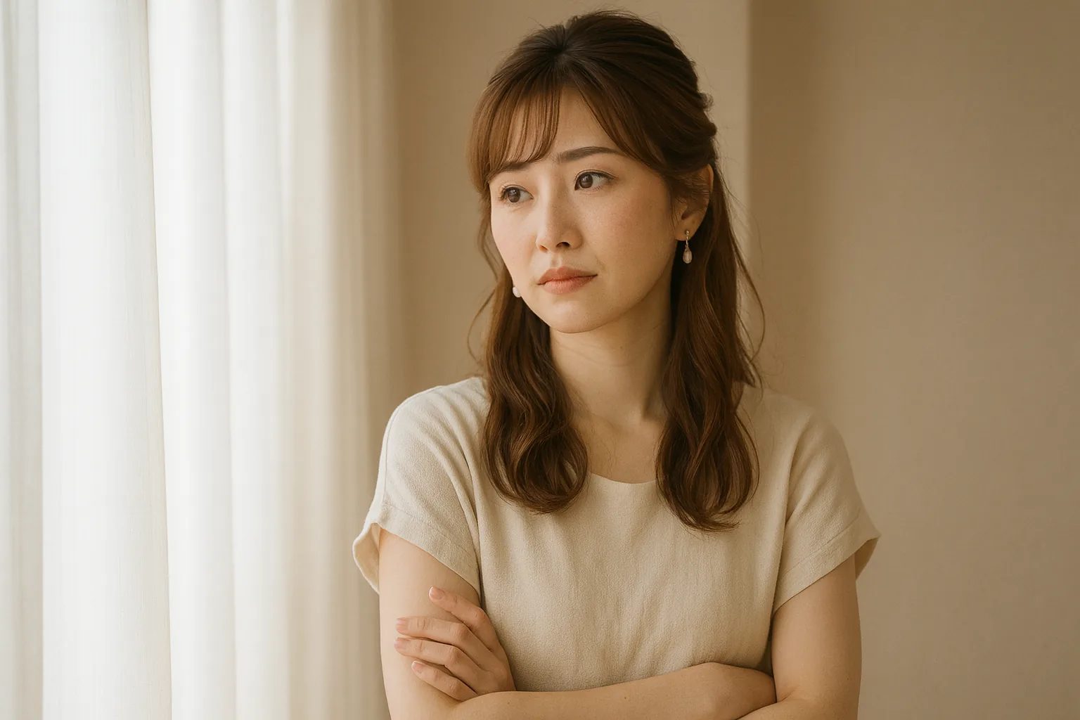 窓辺で、腕を組んで考えている女性