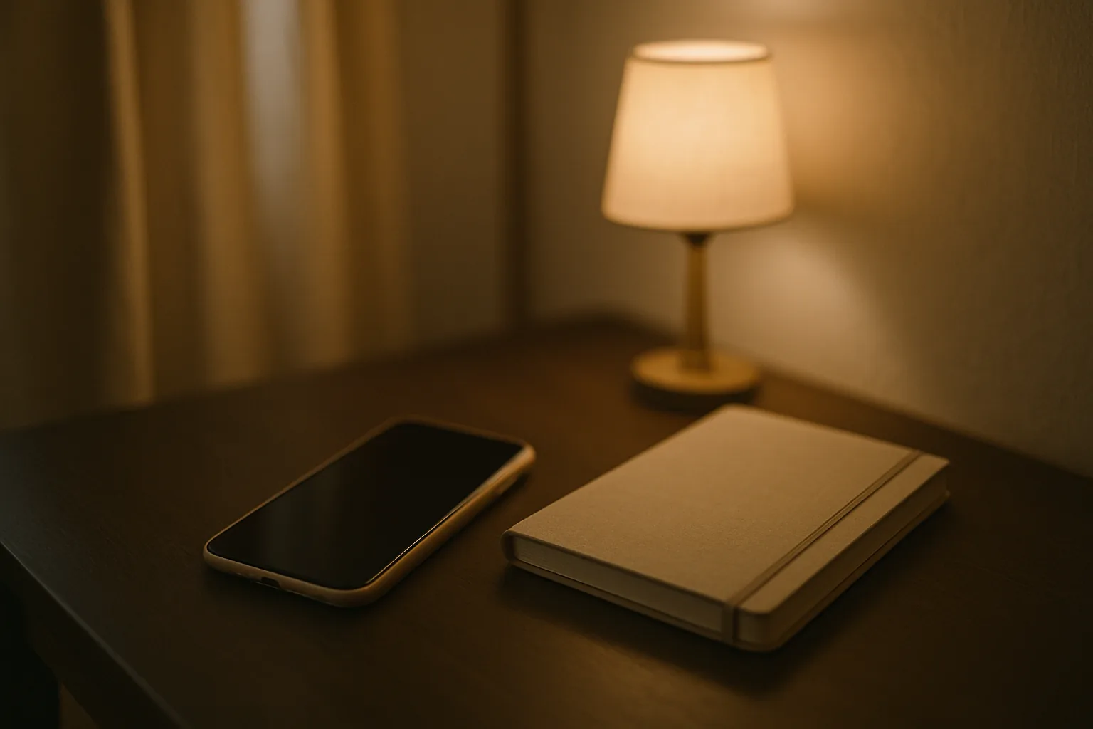 暗い画面のスマートフォンと、閉じたノートが置かれたテーブル