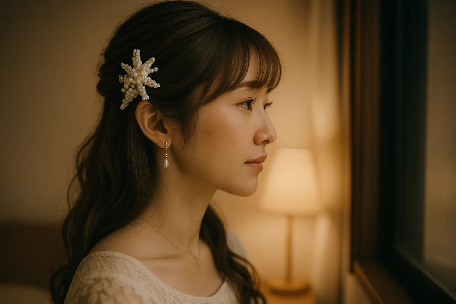 窓の外の暗がりを見ている女性の横顔