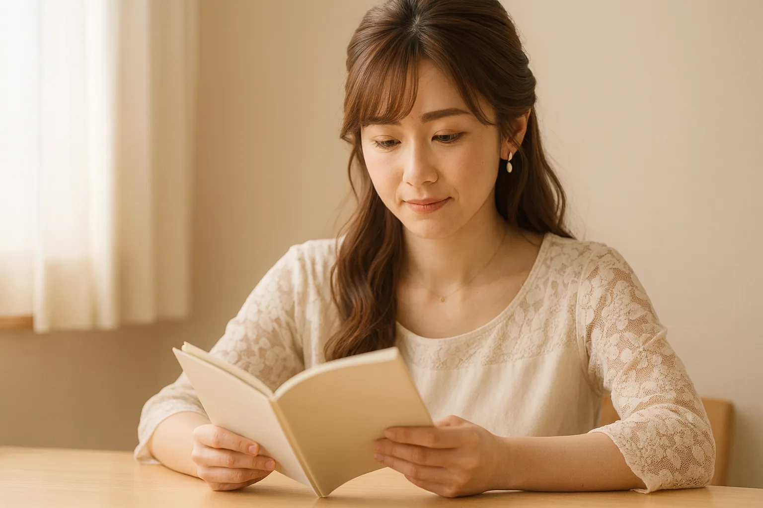 朝の光が入る部屋で、ノートを開き直している女性