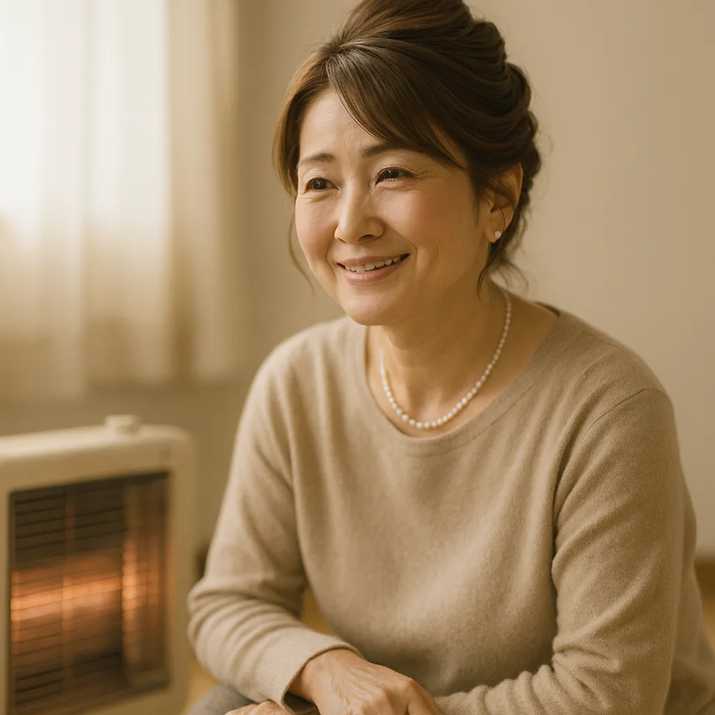 ストーブのそばで、母と年賀状の話をしている女性