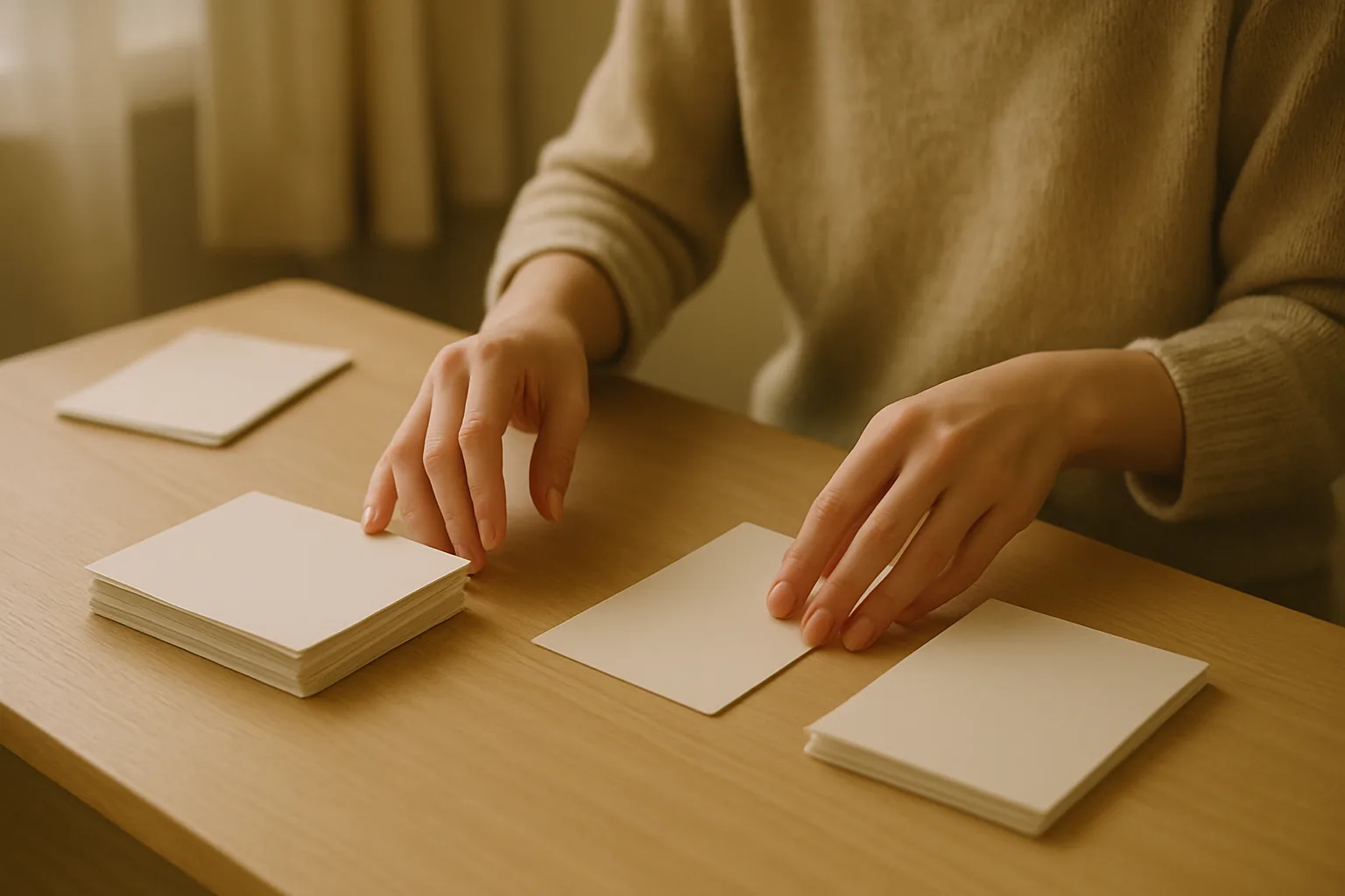 座卓の上で、はがきを2つの山に分けている手元
